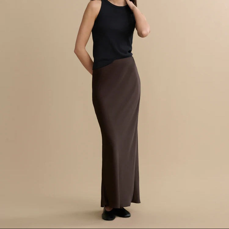 Dark Drown Satin Maxi Skirt With A Fluid Drape