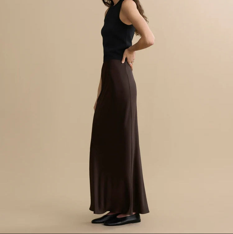 Dark Drown Satin Maxi Skirt With A Fluid Drape