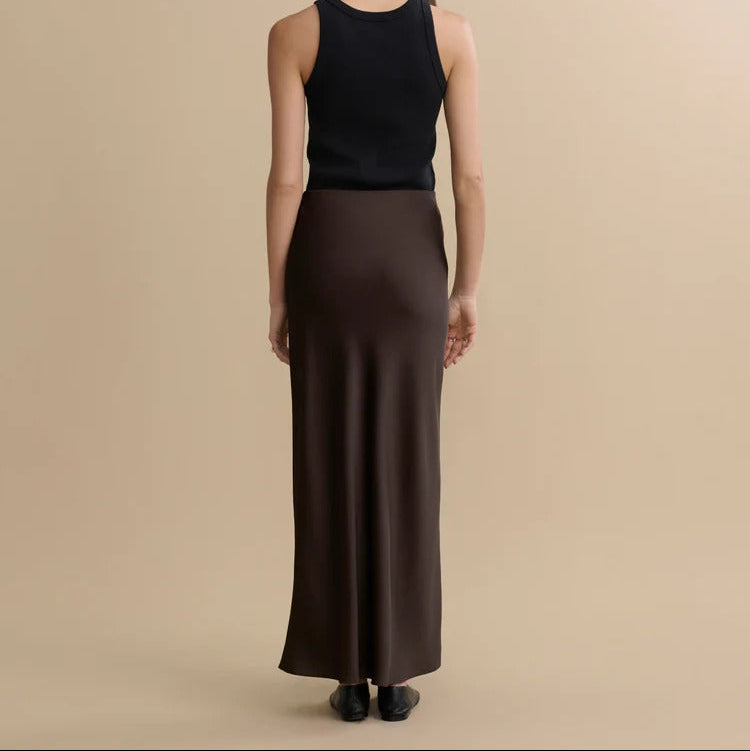 Dark Drown Satin Maxi Skirt With A Fluid Drape