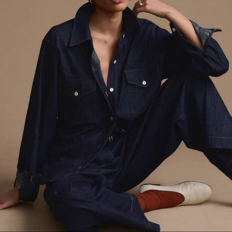 Denim Shirt And Wide Leg Trousers Two Piece Set