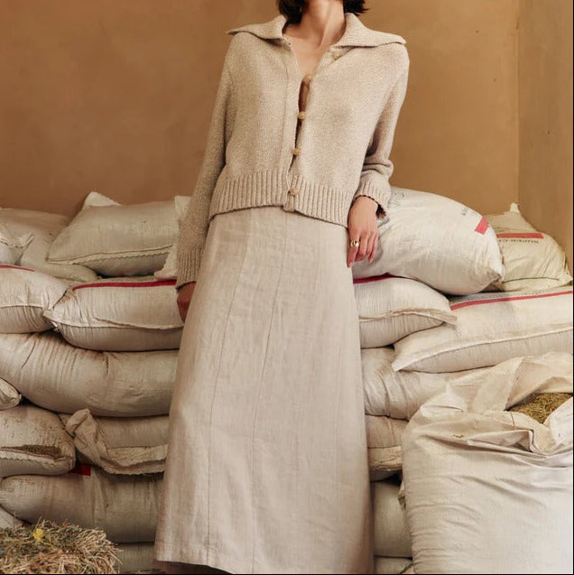 Oatmeal Colored Knit Cardigan With An Oversized Collar