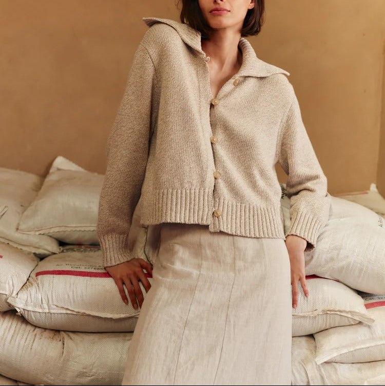 Oatmeal Colored Knit Cardigan With An Oversized Collar