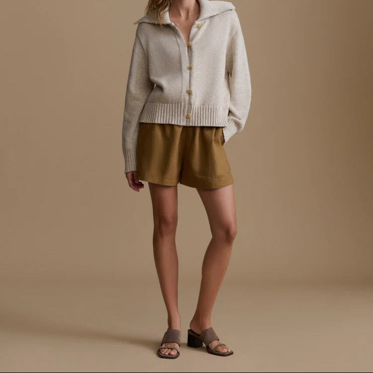 Oatmeal Colored Knit Cardigan With An Oversized Collar