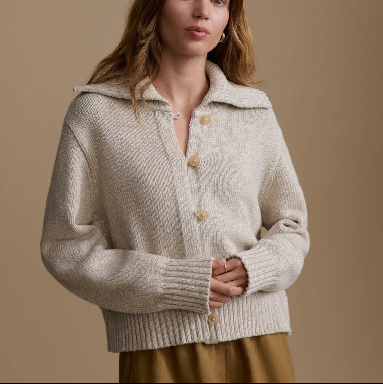 Oatmeal Colored Knit Cardigan With An Oversized Collar