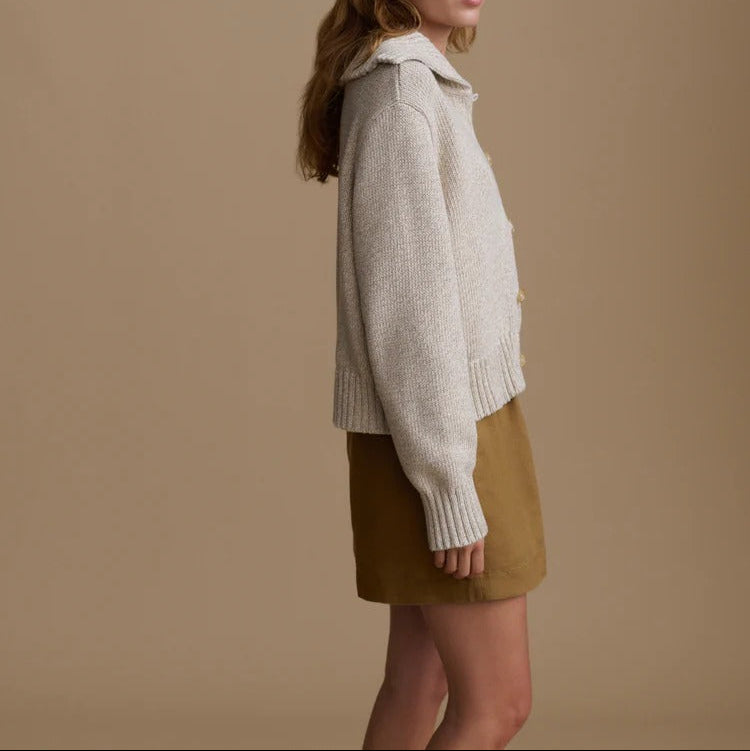 Oatmeal Colored Knit Cardigan With An Oversized Collar