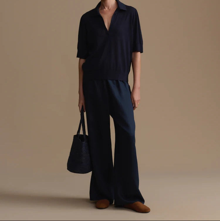 Polo Knit Top and Wide Leg Pants Two Piece Set