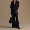 Polo Knit Top and Wide Leg Pants Two Piece Set