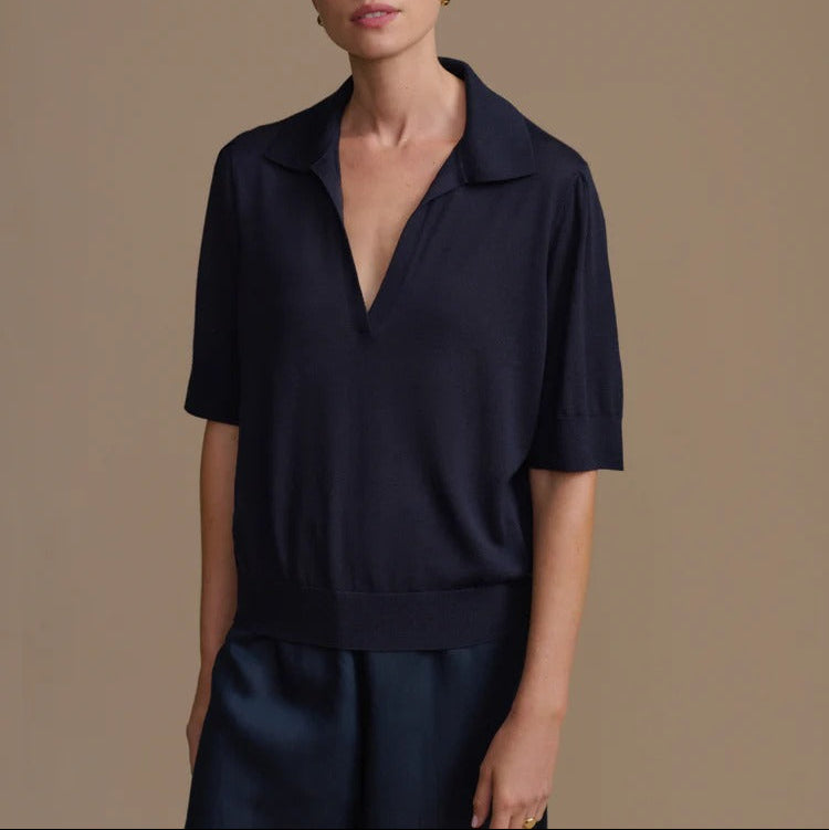 Polo Knit Top and Wide Leg Pants Two Piece Set