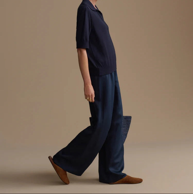 Polo Knit Top and Wide Leg Pants Two Piece Set