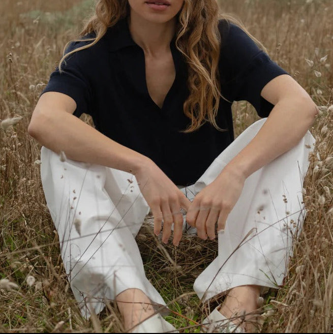Polo Knit Top and Wide Leg Pants Two Piece Set