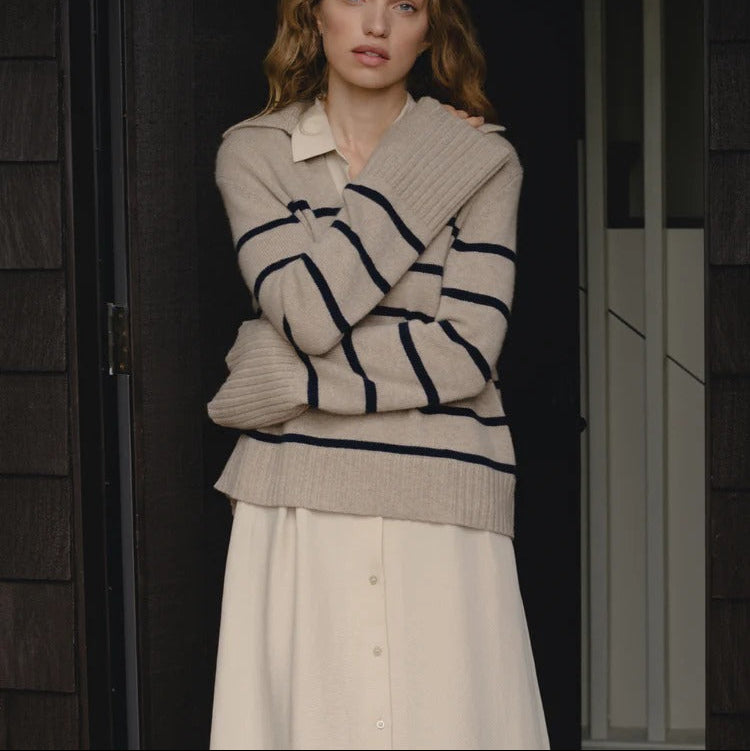 Striped Collared Cropped Knit Top