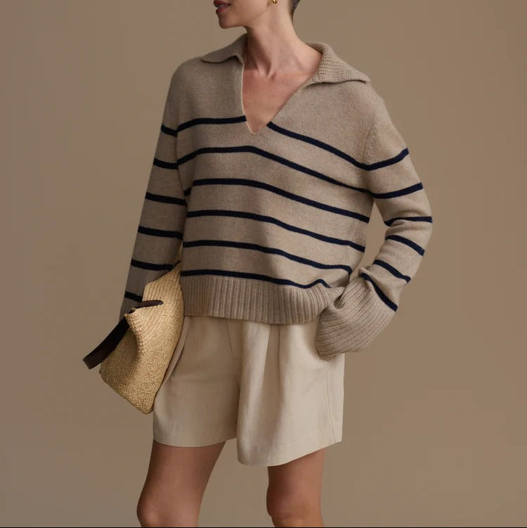 Striped Collared Cropped Knit Top