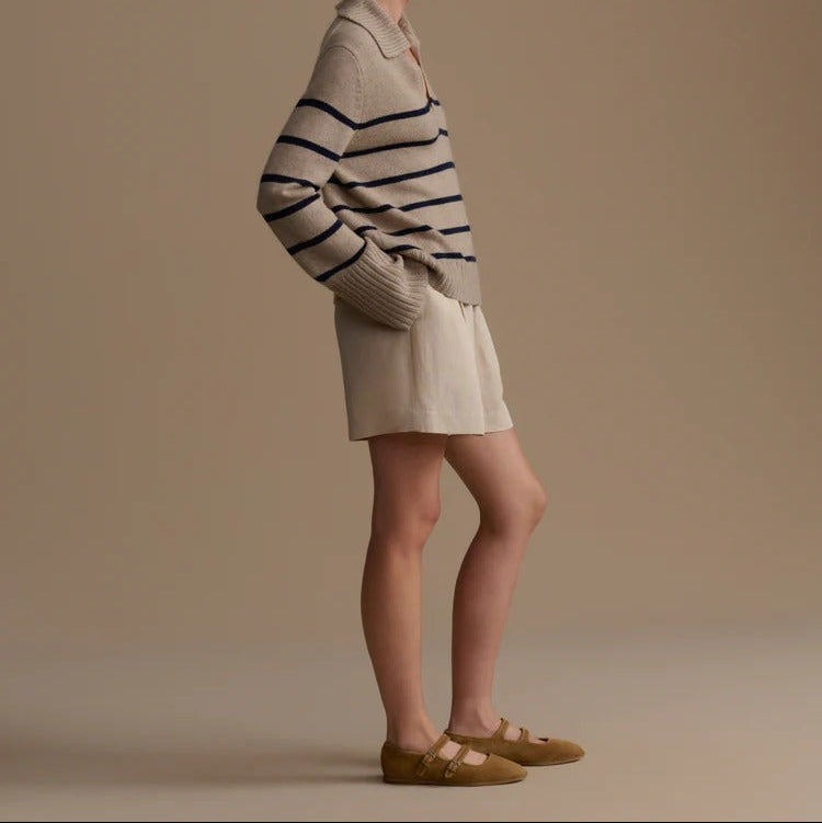 Striped Collared Cropped Knit Top