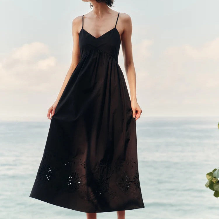 V Neck Cut Out Embroidered Camisole Midi Dress