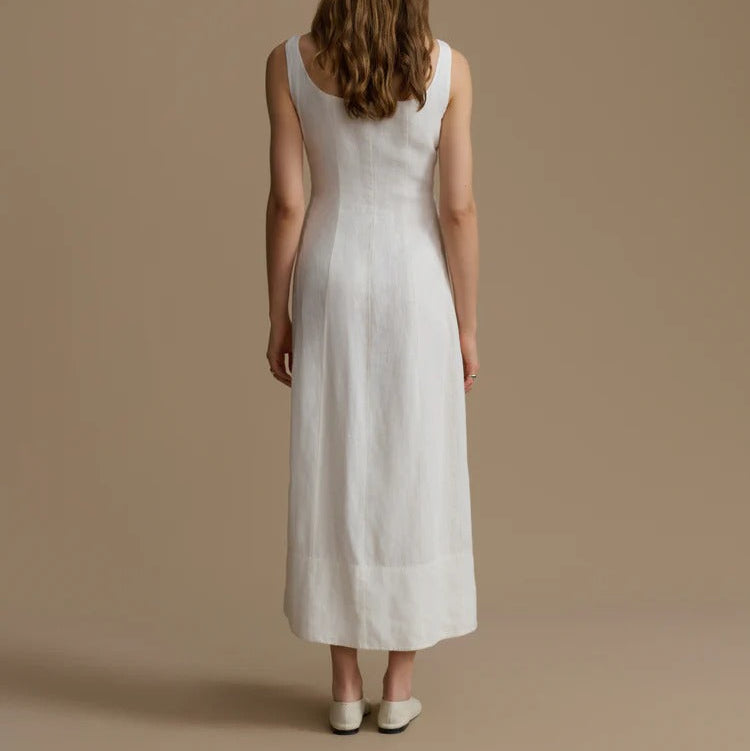White Square Neck Linen Maxi Slip Dress