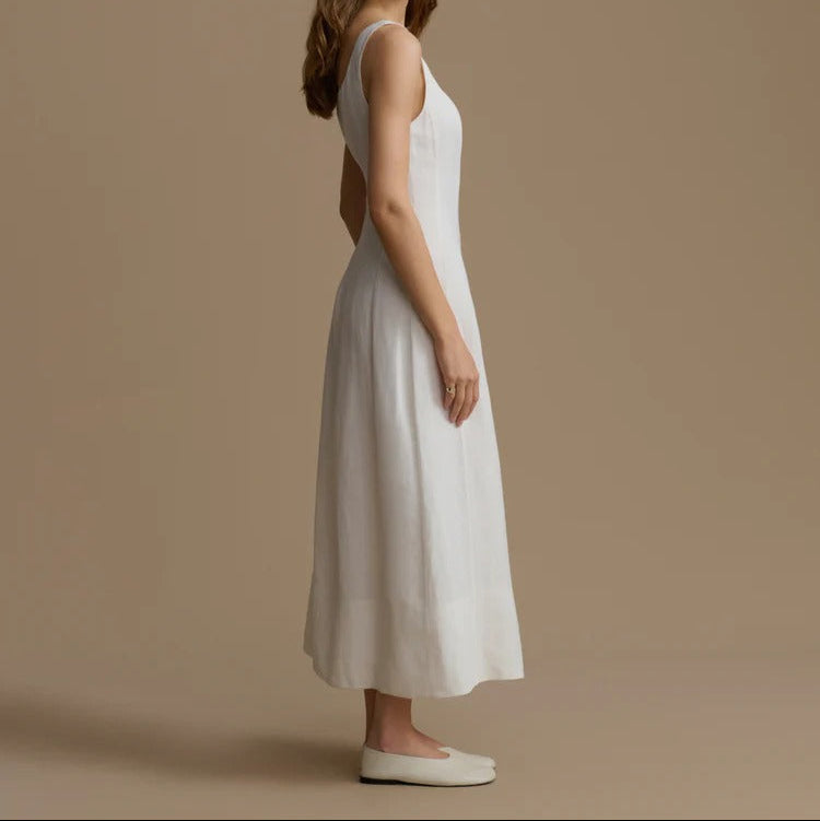 White Square Neck Linen Maxi Slip Dress